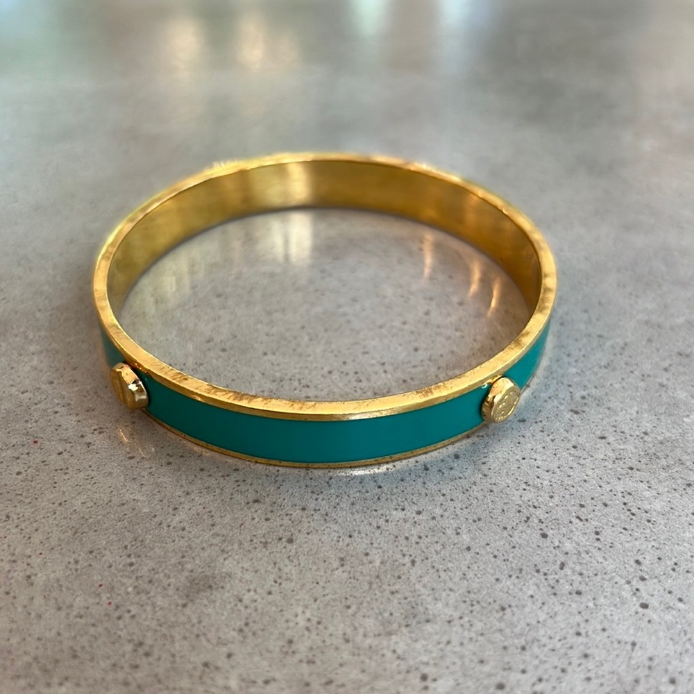 Teal and gold tone bangle bracelet